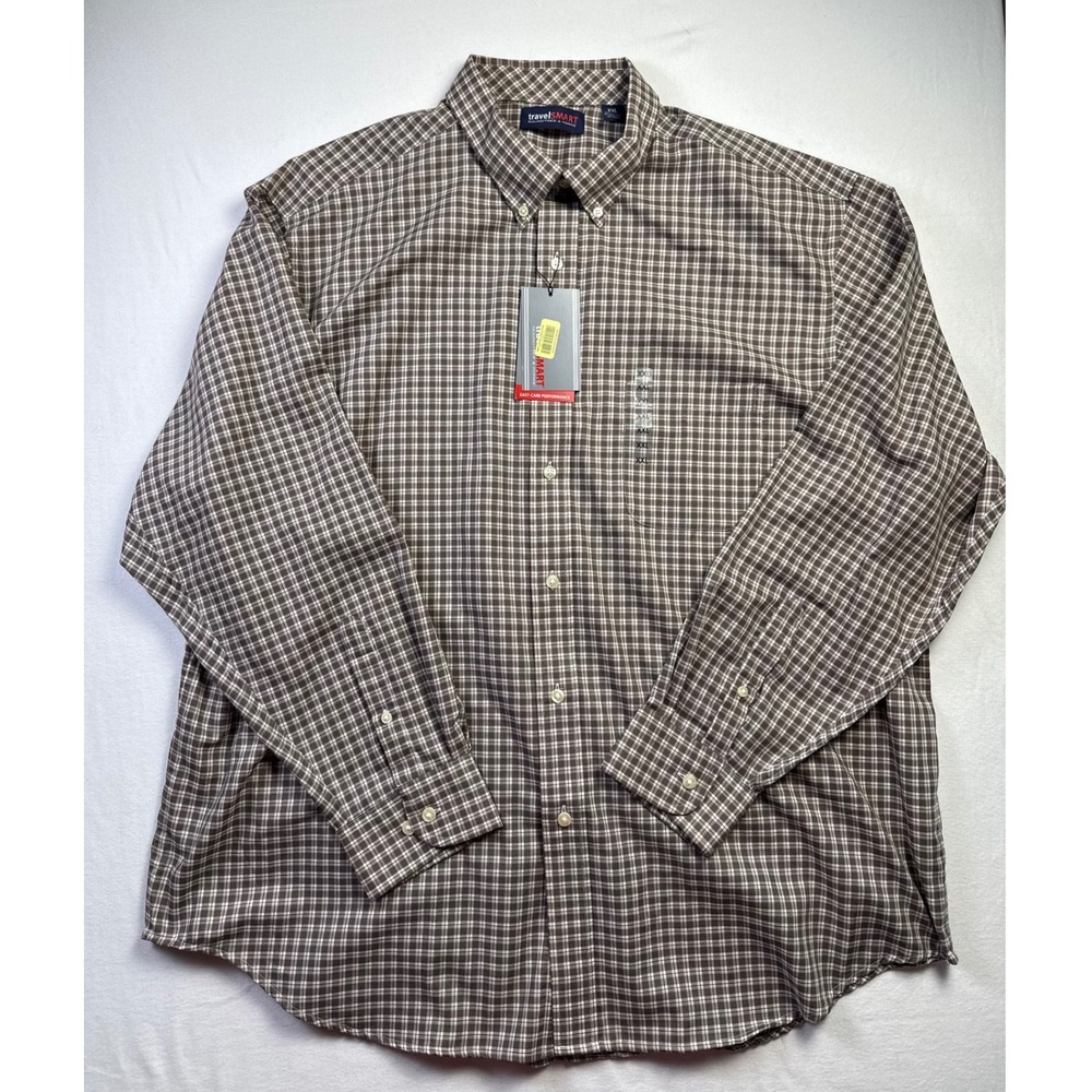 Roundtree & Yorke TravelSmart Mens XXL Brown Plaid Button Down Shirt NWT-2670